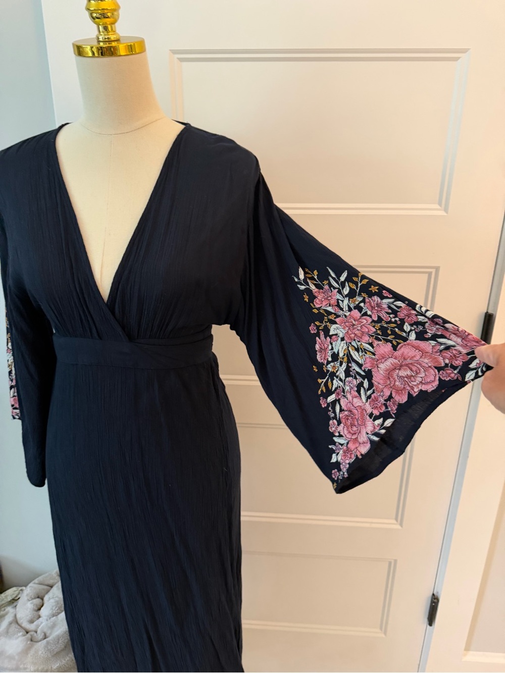 Billabong Navy Kimono Maxi Dress with Pink Floral Sleeve Embroidery Print